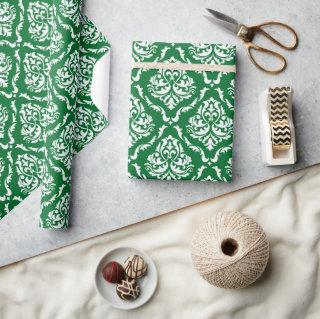 White Floral Damask Pattern On Green