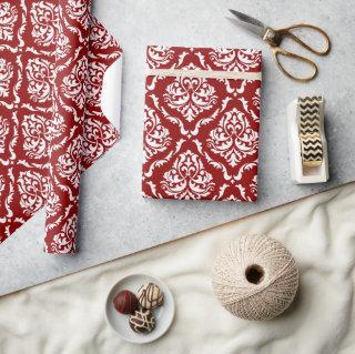 White Floral Damask Pattern On Red
