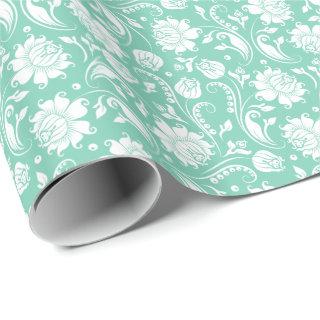 White Floral Damasks Teal-Green Background