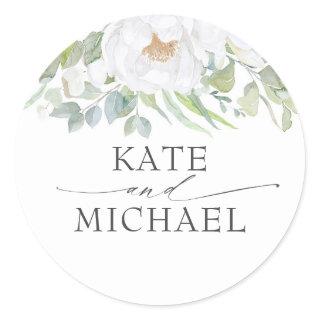 White Flower Greenery Elegant Summer Wedding Classic Round Sticker