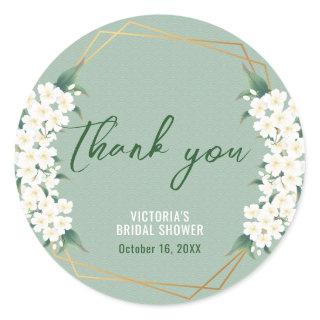 White Flowers Sage Green Gold Frame Clouds Pattern Classic Round Sticker