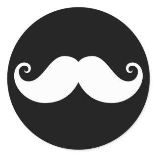 White gentleman handlebar mustache on black classic round sticker