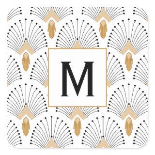 White, Gold and Black Art Deco Fan Flowers Motif Square Sticker
