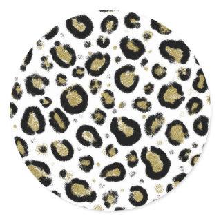 White Gold Glitter & Black Leopard Cheetah Print Classic Round Sticker