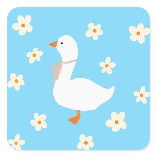 White Goose and Daisies Square Sticker