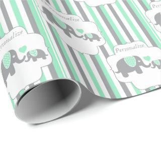 White, Gray & Green Stripe Elephants Baby Shower