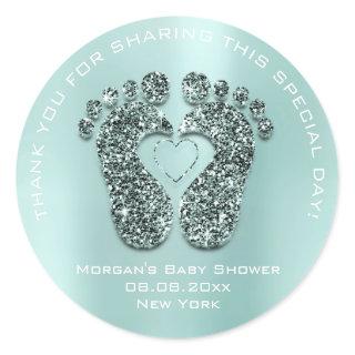 White Heart Feet Baby Shower Favor Gift Thank Teal Classic Round Sticker