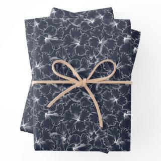 White Hibiscus Floral on Navy Blue  Sheets
