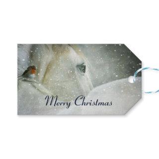 White Horse & Bird in a Winter Snowfall Christmas Gift Tags