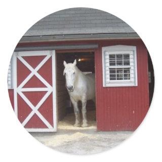 White Horse In Red Barn Classic Round Sticker