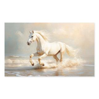 White Horse Running on the Beach Rectangular Sticker