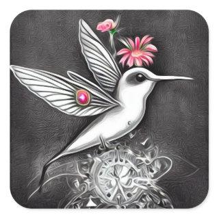 White Hummingbird & Pink Flowers Square Sticker