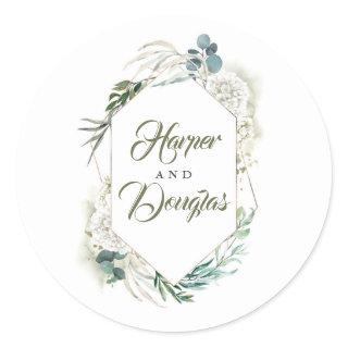White Hydrangea and Greenery Modern Wedding Classic Round Sticker