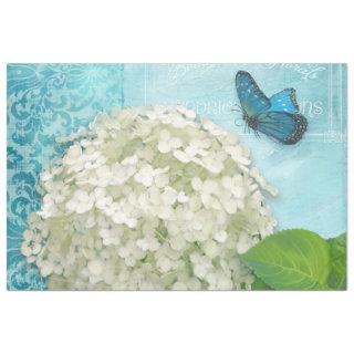 White Hydrangea Blue Floral Butterfly Vintage Art  Tissue Paper
