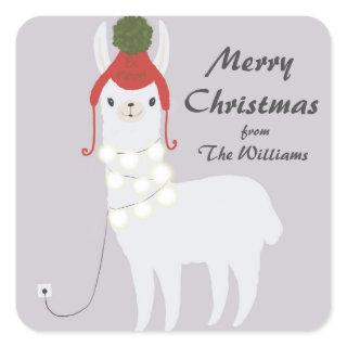 White Llama Christmas Lights Plugged In Square Sticker