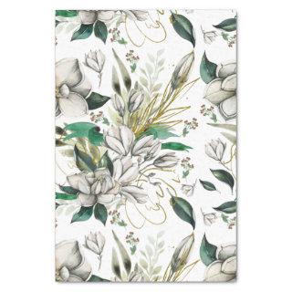 White Magnolias and Green Ribbons Tissue Paper