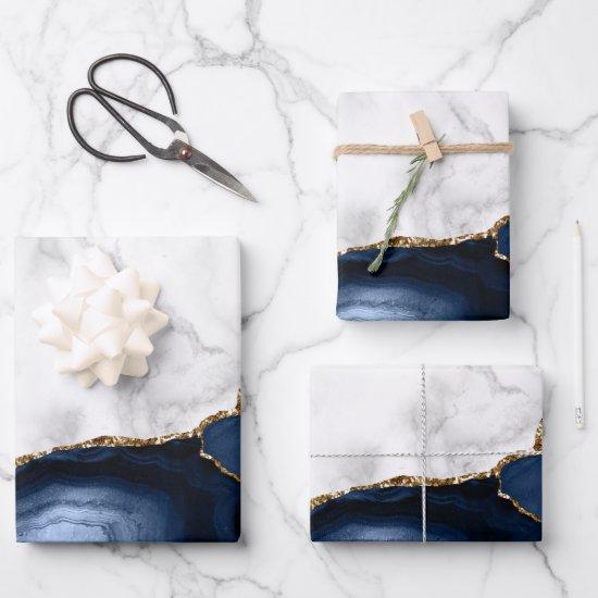 White Marble Gilded Navy Blue Agate  Sheets