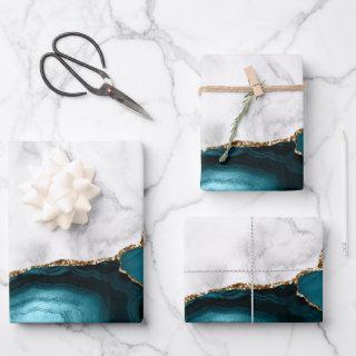 White Marble Gilded Teal Blue Agate  Sheets