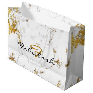 White Marble Gold Bridal Glitter Name Monogram Large Gift Bag