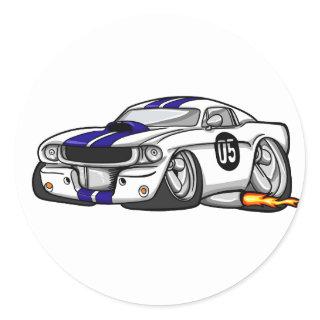 White muscle car cartoon - Choose background color Classic Round Sticker