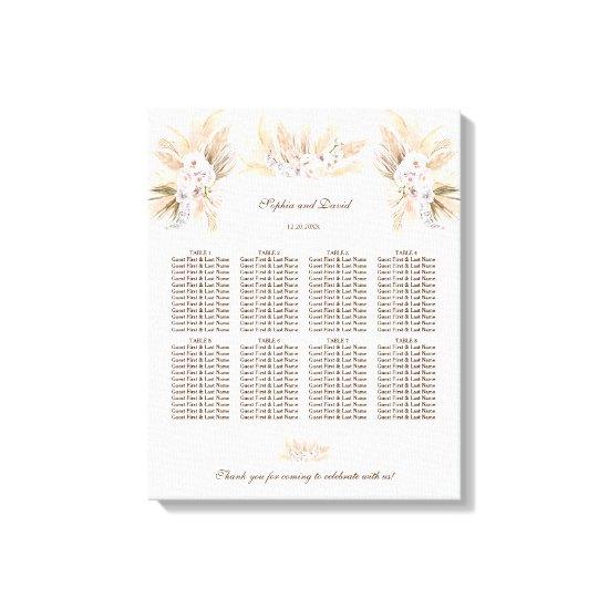 White Orchid Pampas Grass Wedding Seating Chart Canvas Print