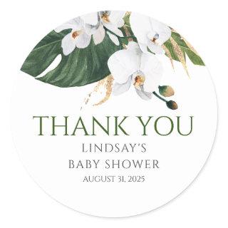 White Orchids And Palm Leaves Gold Thank You Classic Round Sticker