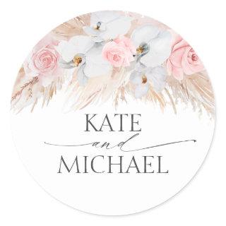 White Orchids and Pampas Grass Pink Wedding Classic Round Sticker