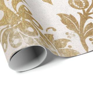 White Pearly Gold Floral Cottage Grungy Damask