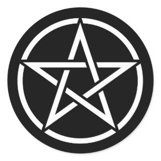 White Pentagram on Black Classic Round Sticker