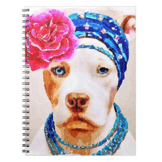 White Pitbull Dog Pink Rose Flower Necklace Notebo Notebook