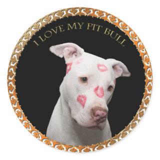 White pitbull with red kisses all over his face. classic round sticker
