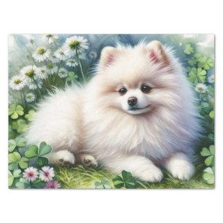 White Pomeranian Dog Watercolor Clover Decoupage Tissue Paper