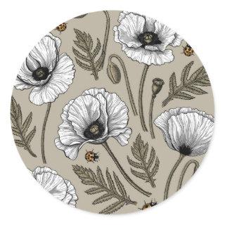 White poppies and ladybugs classic round sticker
