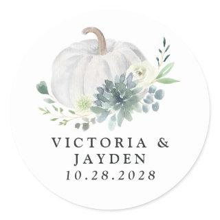White Pumpkin Elegant Succulent Fall Chic Wedding Classic Round Sticker