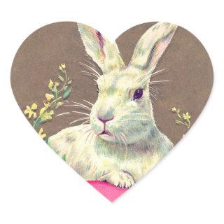 WHITE RABBIT WITH EASTER EGG AND SPRING FLOWERS HEART STICKER