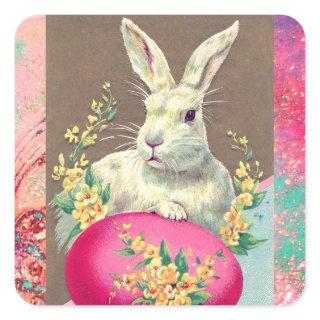 WHITE RABBIT WITH EASTER EGG AND SPRING FLOWERS SQUARE STICKER