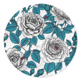 White roses and ladybugs classic round sticker