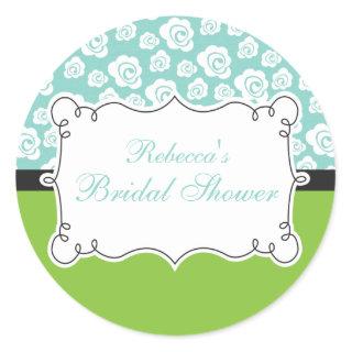 White Roses on Aqua & Green Bridal Shower Classic Round Sticker
