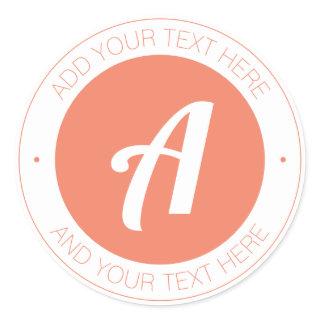White & Salmon Monogram or Add logo Classic Round Sticker