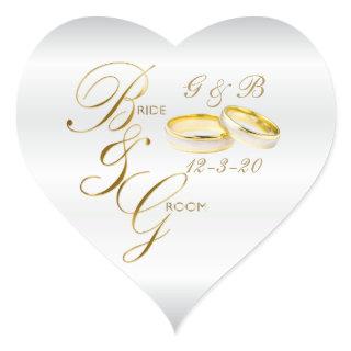 White Satin and Gold Wedding Rings with DIY Text Heart Sticker