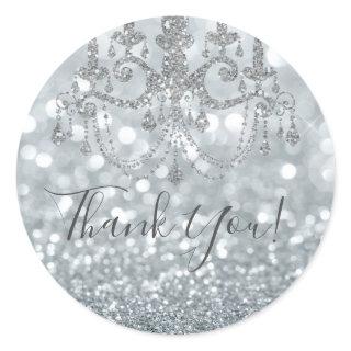 White Silver Glitter Bokeh Glam Chandelier Party Classic Round Sticker
