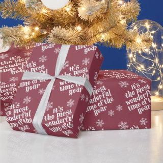 White Snowflake Most Wonderful Time Text on Maroon