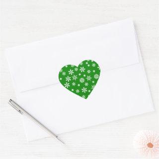 White Snowflakes on Green  Background Heart Sticker