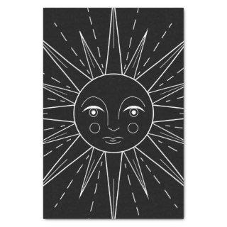 White stylized retro vintage sun on black tissue paper