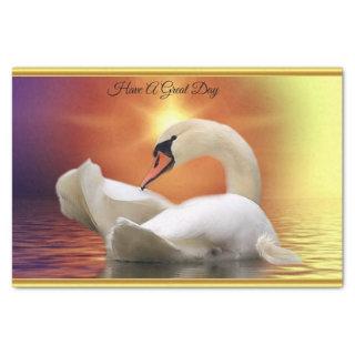 White Swan in a lake with a orange gold sunset Tissue Paper