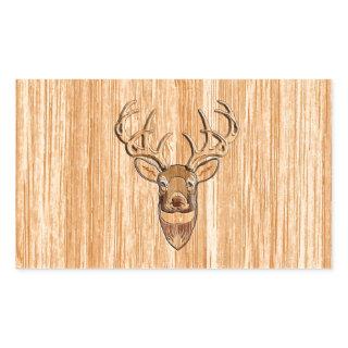 White Tail Buck Deer Head Wood Grain Style Rectangular Sticker