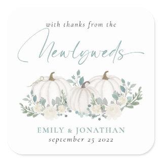 White Teal Pumpkins Florals Thanks from Newlyweds  Square Sticker