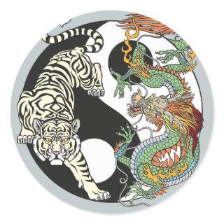 White tiger versus green dragon in the yin yang cl classic round sticker