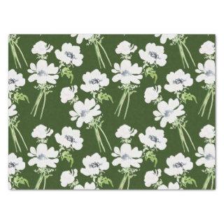 White watercolor anemone flowers on green tissue paper