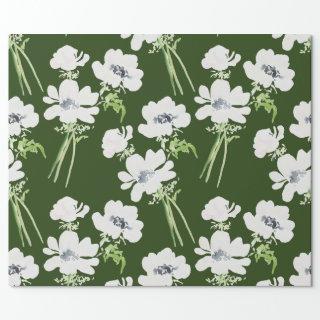 White watercolor anemone flowers on green